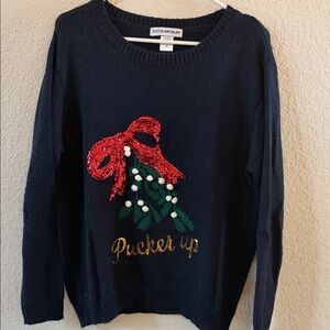 Cotton Emporium Festive Christmas Navy Sweater with mistletoe detail